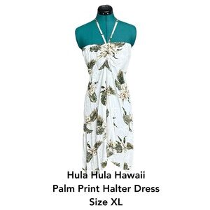 White and Green Palm Print Halter Dress